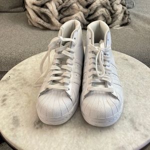 White, high top, shell toe, adidas sneakers, size kids 5